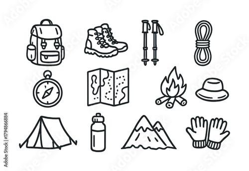 Outdoor adventure essentials: camping and hiking gear icons set