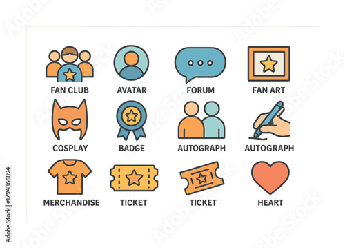 Icon set: fan club, avatar, forum, fan art, cosplay, badge, autograph, merchandise, ticket, heart