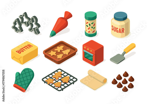 Isometric baking essentials: tools and ingredients for holiday cookie preparation