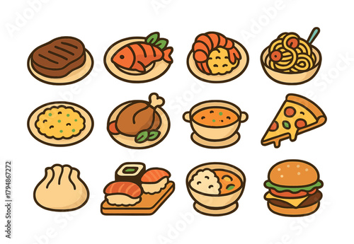 Colorful cartoon food icons featuring global cuisine