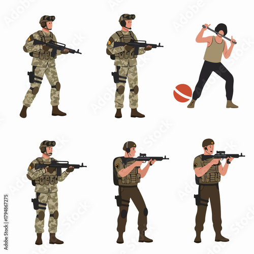 Five soldiers in tactical camouflage gear holding rifles alongside a civilian figure armed with a bat. Isolated vector illustration set representing conflict and security forces.