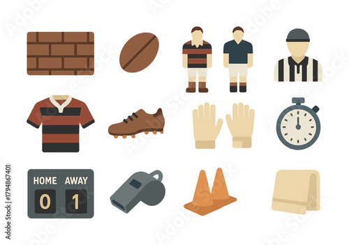 Rugby icons: uniforms, players, equipment, scoreboard, referee, stopwatch