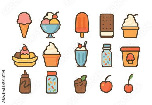 Colorful ice cream icons collection with desserts and toppings
