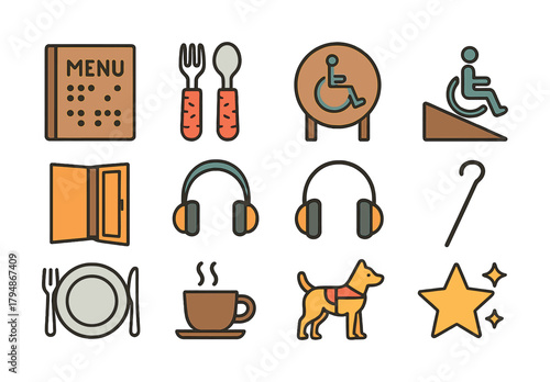 Accessibility symbols: braille menu, wheelchair, hearing aid, guide dog, ramps