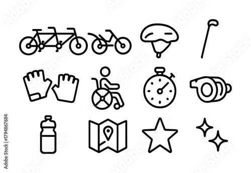 Cycling and accessibility icons: tandem bike, wheelchair, stopwatch, map