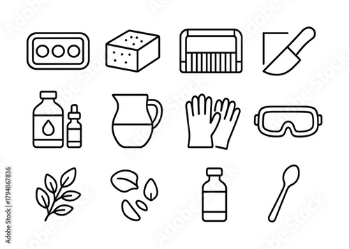 Household cleaning and safety equipment icons in black and white