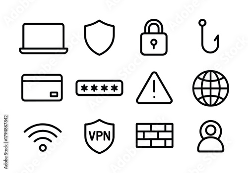 Cyber security icons set: laptop, shield, lock, phishing, credit card, password, warning, globe, wifi, vpn, firewall, user