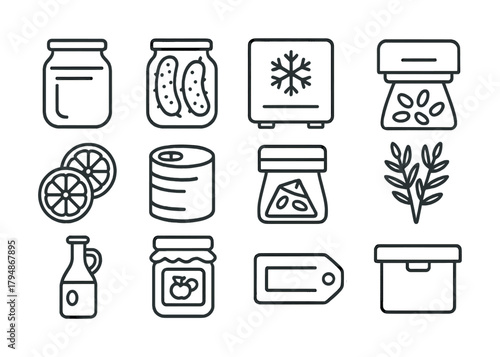 Outline icons of food preservation methods: jars, cans, pickles, seeds, citrus, herbs