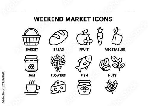 Weekend market icons: basket, bread, fruit, vegetables, jam, flowers, fish, nuts, cheese, honey