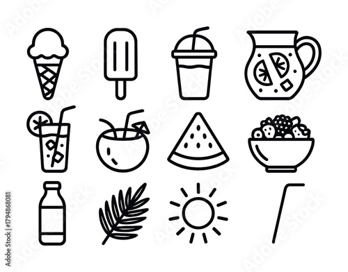Summer refreshments: ice cream, drinks, fruits, and sun icons