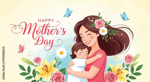 Vector illustration of a loving mother embracing her happy child amidst a garden of blooming flowers. A heartwarming design for a Mother's Day greeting card