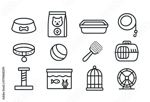 Pet accessories collection: bowls, toys, carriers, and more line icons