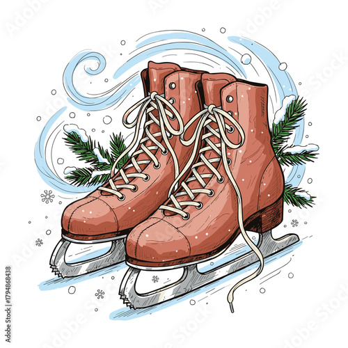 Vintage ice skates illustration in warm tones and light blue