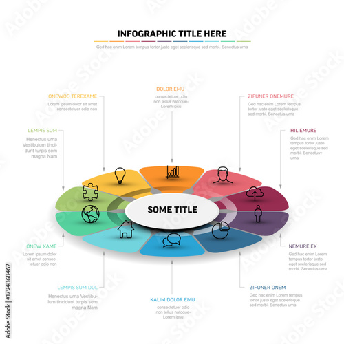 A modern and minimalist infographic layout with a central title and multiple radial elements. This clean infographic design is perfect for presenting information clearly and concisely.