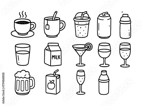 Collection of various beverage icons: coffee, tea, juice, milk, cocktails, and more