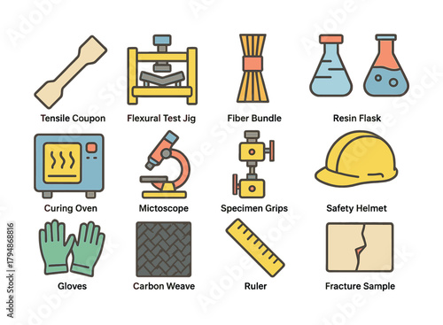 Laboratory equipment icons: tools for material testing and safety