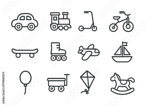 Outline icons of toys and vehicles including car, train, scooter, and bicycle