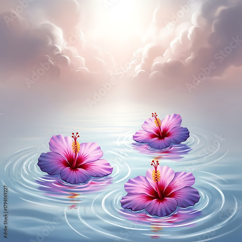 Hibiscus flowers gently floating on blue water among soft clouds, creating a dreamy, surreal, and romantic scene. Love is in the water.