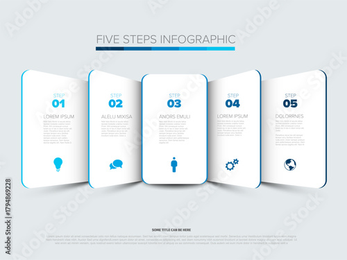 Infographic with five clean, minimalist steps with blue accents and corresponding icons for each step. This five-step infographic is ideal for presenting business processes or sequential information.