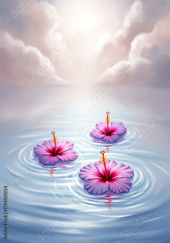 Hibiscus flowers gently floating on blue water among soft clouds, creating a dreamy, surreal, and romantic scene. Love is in the water.