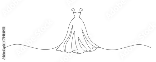 Wedding dress in one continuous line drawing. Fashion clothes symbol for bridal shop and invitation designe. Vector illustration eps 10