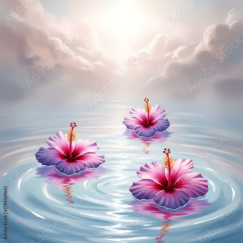 Hibiscus flowers gently floating on blue water among soft clouds, creating a dreamy, surreal, and romantic scene. Love is in the water.