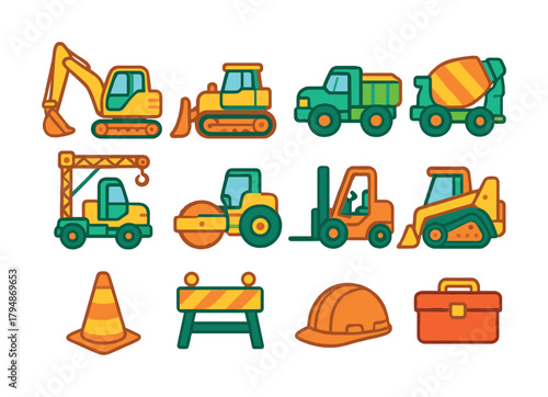 Colorful construction vehicles and safety equipment set for kids