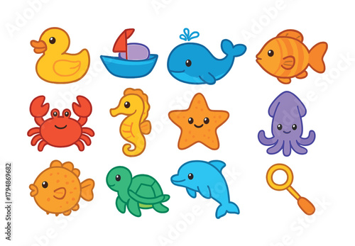 Colorful cartoon sea creatures and toys on white background