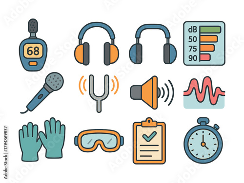 Noise protection icons set: headphones, decibel meter, microphone, sound wave chart