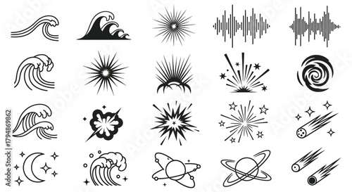Collection of vector graphic elements featuring waves and space icons