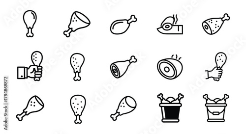 Various chicken leg icons in black and white line art illustrations