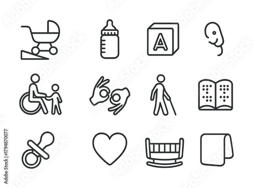 Collection of baby and accessibility icons including stroller, bottle, braille, and sign language