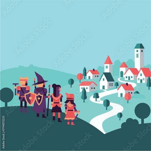 【RPGの世界観】戦士と魔法使いのチームが丘を下るフラットアート スタイリッシュなクエストイメージ