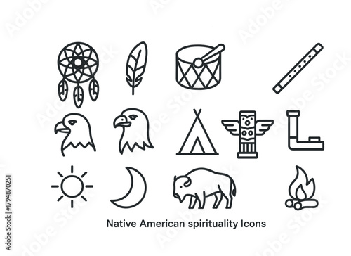Native american spirituality icons: dreamcatcher, feather, drum, eagle, teepee, totem, bison, fire