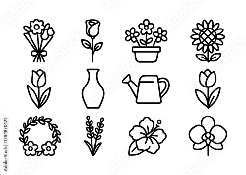 Black and white flower icons set with vase, watering can, and floral designs