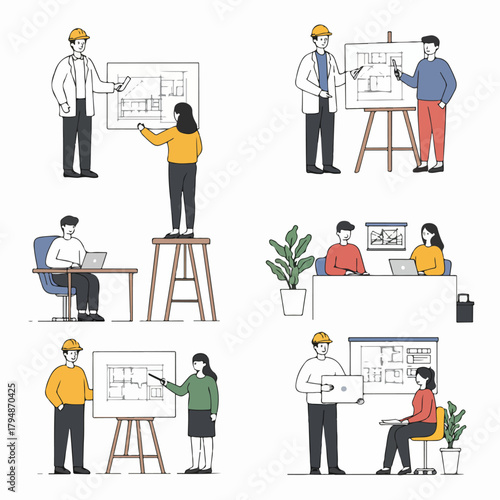 Set of vector illustrations depicting architects and engineers collaborating on construction blueprints and office planning meetings.