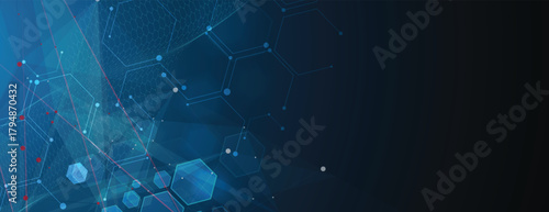 Futuristic hexagons, DNA strands, connected neural structure web