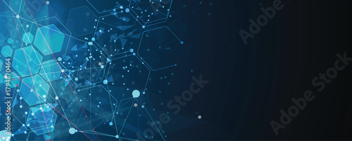 Futuristic hexagons, DNA strands, connected neural structure web