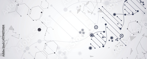 Futuristic hexagons, DNA strands, connected neural structure web