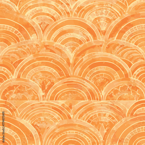 Vibrant Boho Rainbow Arch Seamless Pattern with Bright Orange and Peach Tones, Retro Decorative Layered Geometric Vector Background for Wallpaper, Textile, and Modern Bohemian Design