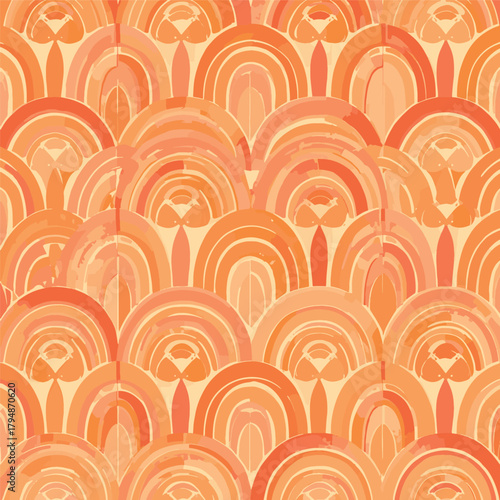 Vibrant Boho Rainbow Arch Seamless Pattern with Bright Orange and Peach Tones, Retro Decorative Layered Geometric Vector Background for Wallpaper, Textile, and Modern Bohemian Design
