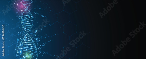 Futuristic hexagons, DNA strands, connected neural structure web