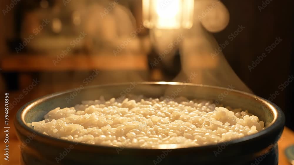 Steaming bowl of fluffy rice, a comforting and warm culinary experience, perfect for food blogs and healthy eating promotions, inviting viewers to savor the simple pleasures