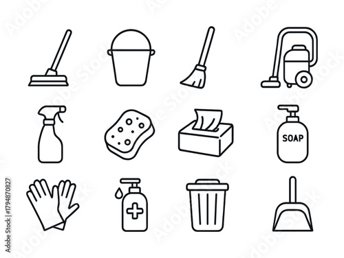 Cleaning tools icons: mop, bucket, broom, vacuum, spray, sponge, soap, gloves, sanitizer, trash bin