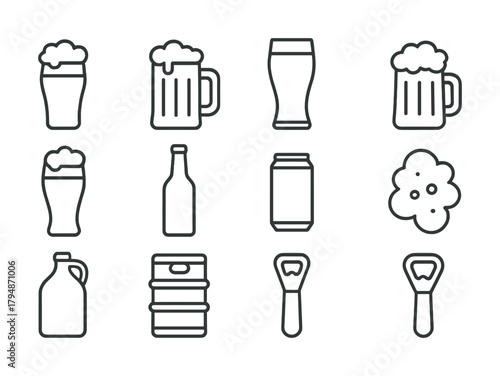 Assorted beer icons set: glasses, bottles, cans, and openers in line art style