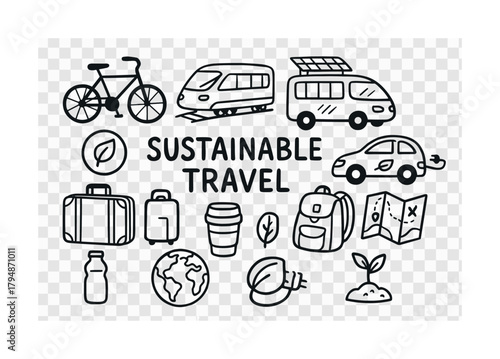 Sustainable travel icons: eco-friendly transportation and adventure essentials