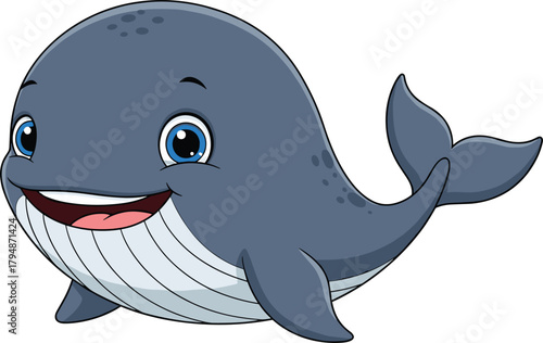 Adorable cartoon whale smiling with big eyes, cute blue marine animal illustration for kids, happy sea creature vector drawing