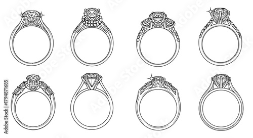 A collection of eight diamond ring designs in black and white outline