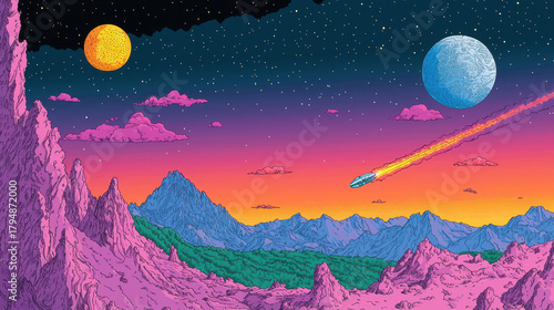 Vibrant sci fi landscape featuring colorful sunset, distant mountains, and two celestial bodies sky. spaceship streaks across scene, adding sense