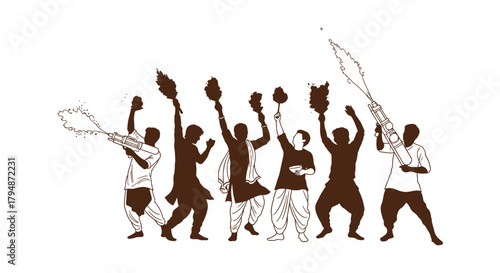 Celebration of holi festival with people holding water guns and powders